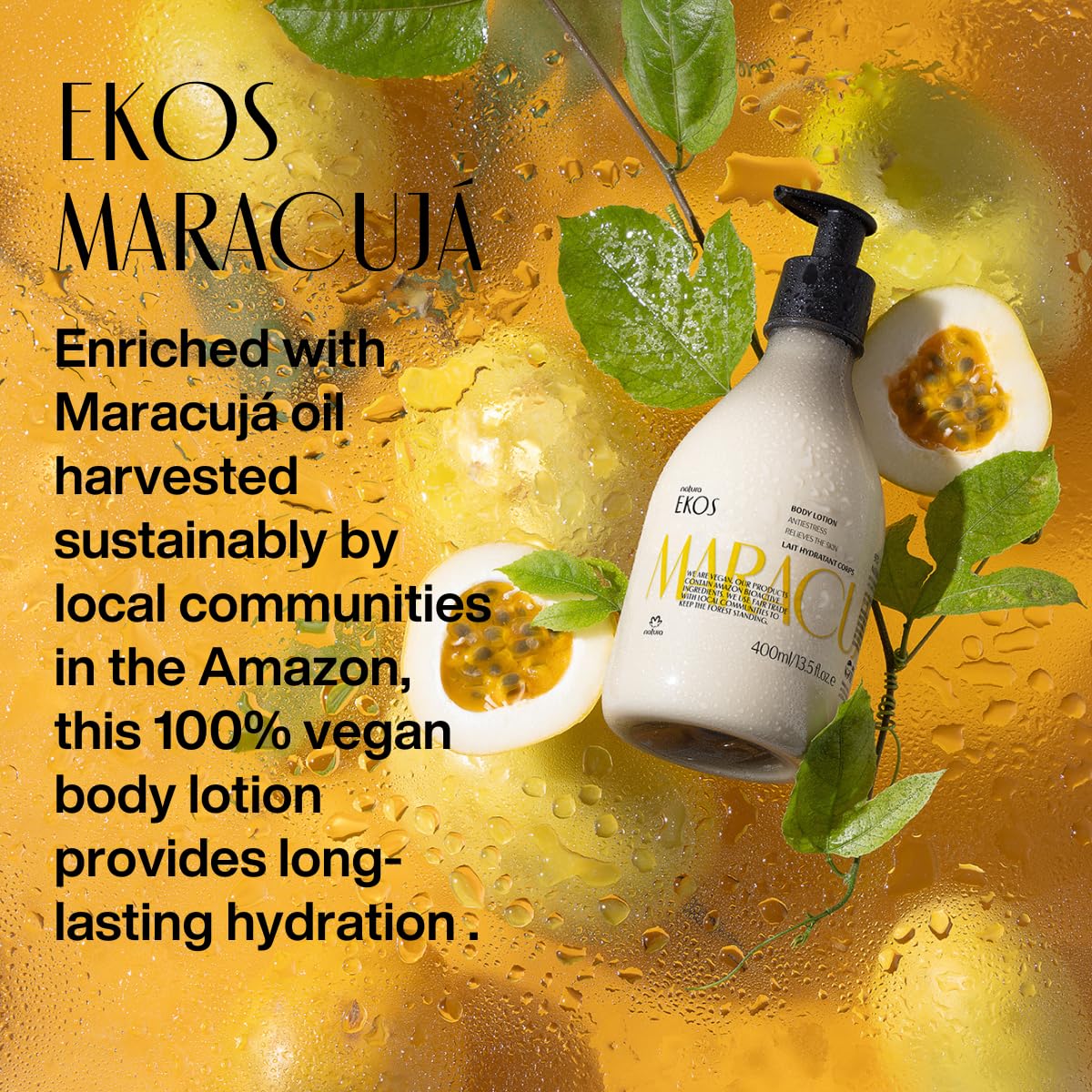 Natura Ekos Passion Fruit lotion packaging emphasizes vegan skincare and Brazilian secrets