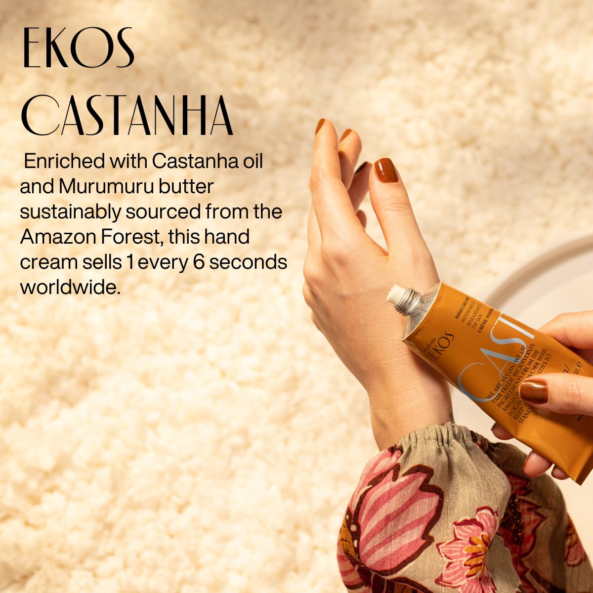 Natura self-care routine shot shows relaxing moment with nourishing hands.