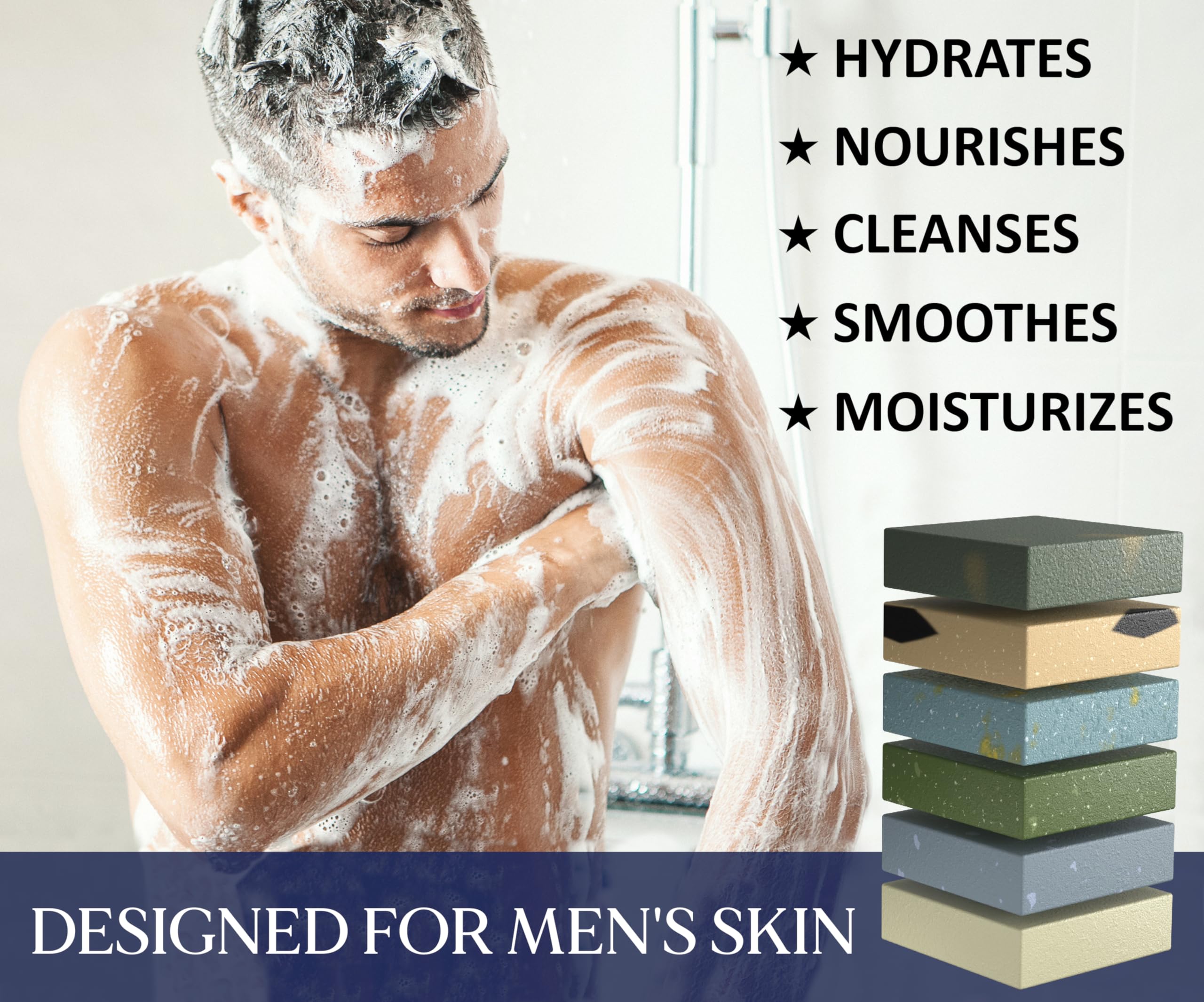 Natural American Men’s Soap bar closeup shows rich lather on a wooden shelf for skin care.