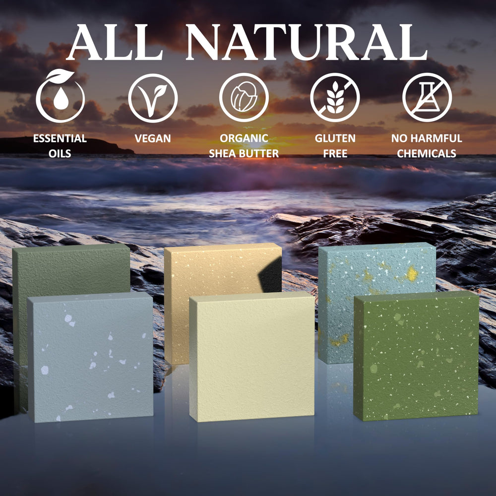 Natural American Men’s Soap hand-lather scene emphasizes moisturizing formula for dry skin relief.