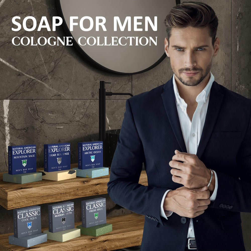 Natural American Men’s Soap woodsy cologne scent closeup evokes masculine aroma for daily refresh.