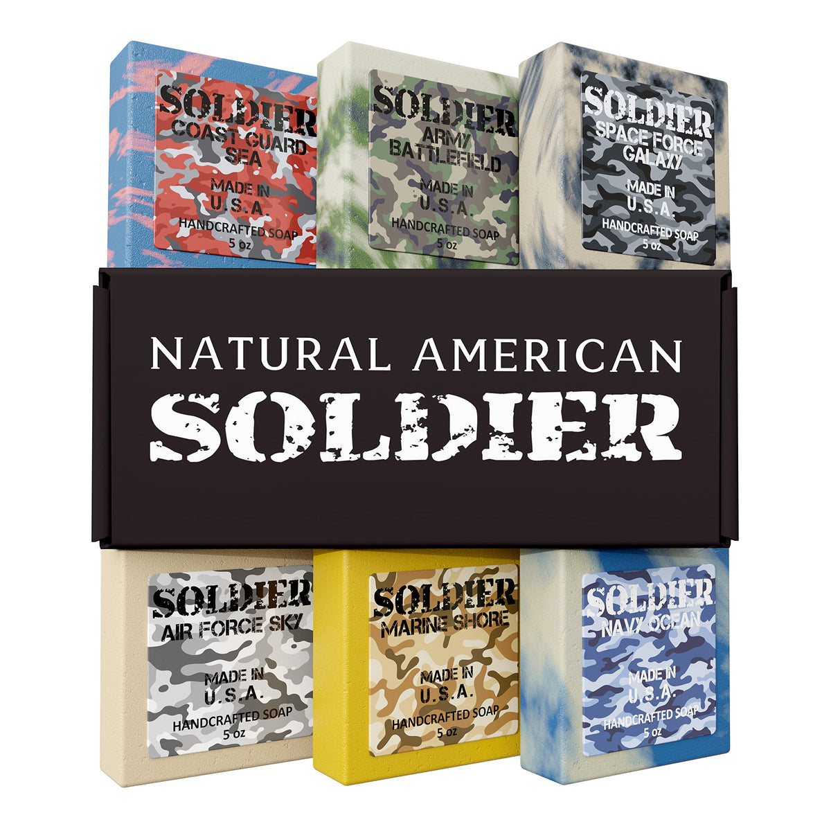NATURAL AMERICAN SOLDIER packaging highlights handmade USA quality for grooming.