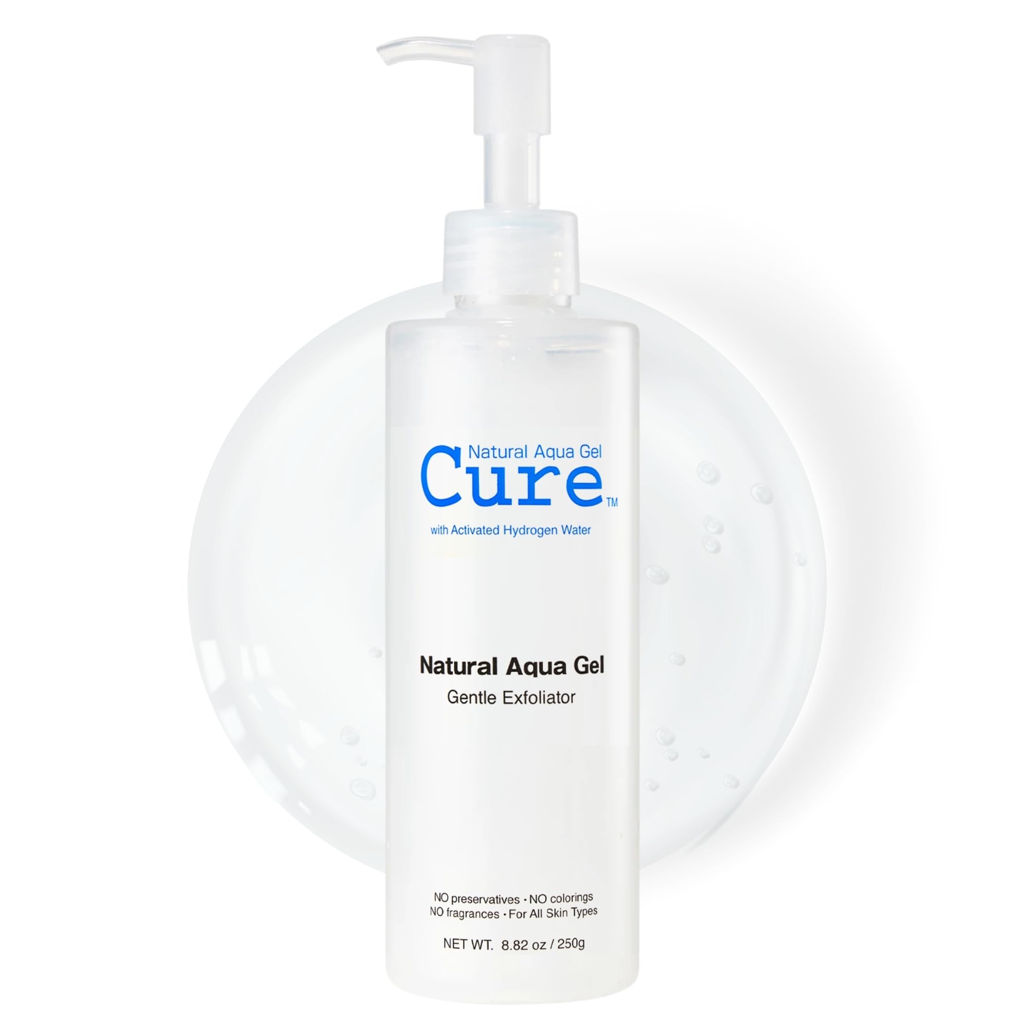 Natural Aqua Gel Cure bottle with pump for gentle exfoliation and smoother skin.
