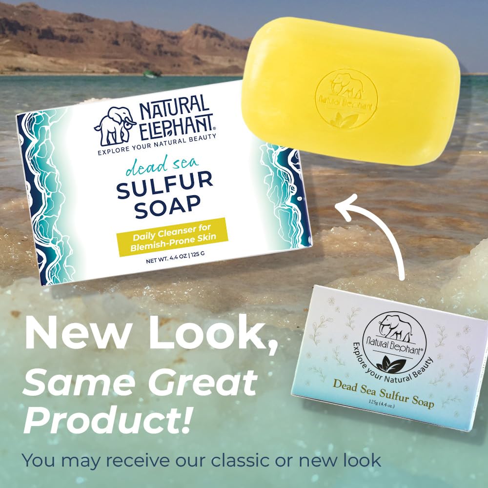 Natural Elephant Dead Sea sulfur soap bar on shelf ready for daily cleansing.