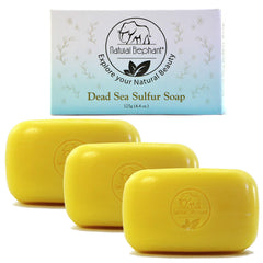 Natural Elephant Dead Sea sulfur soap pack closeup shows cleansing bars for all skin types.