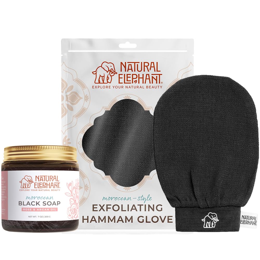 Natural Elephant Rose Soap and Hammam Glove Combo for radiant skin and gentle exfoliation at home.