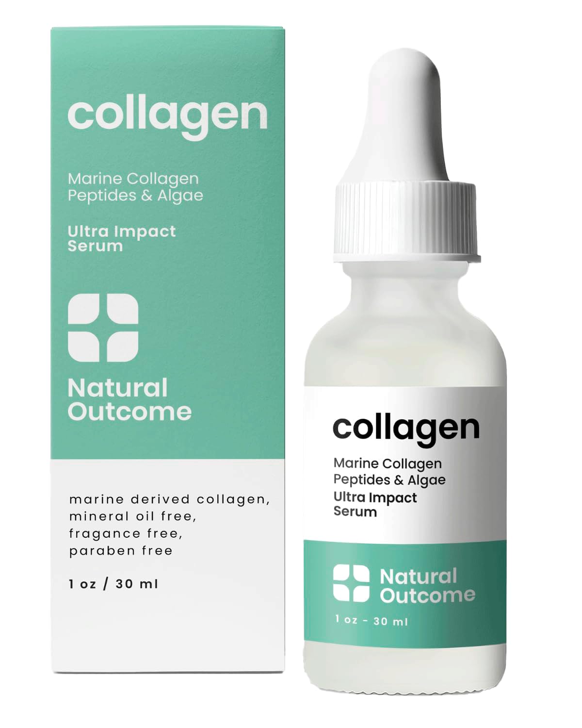 Natural Outcome collagen peptide serum bottle shows a lightweight, hydrating formula for daily use