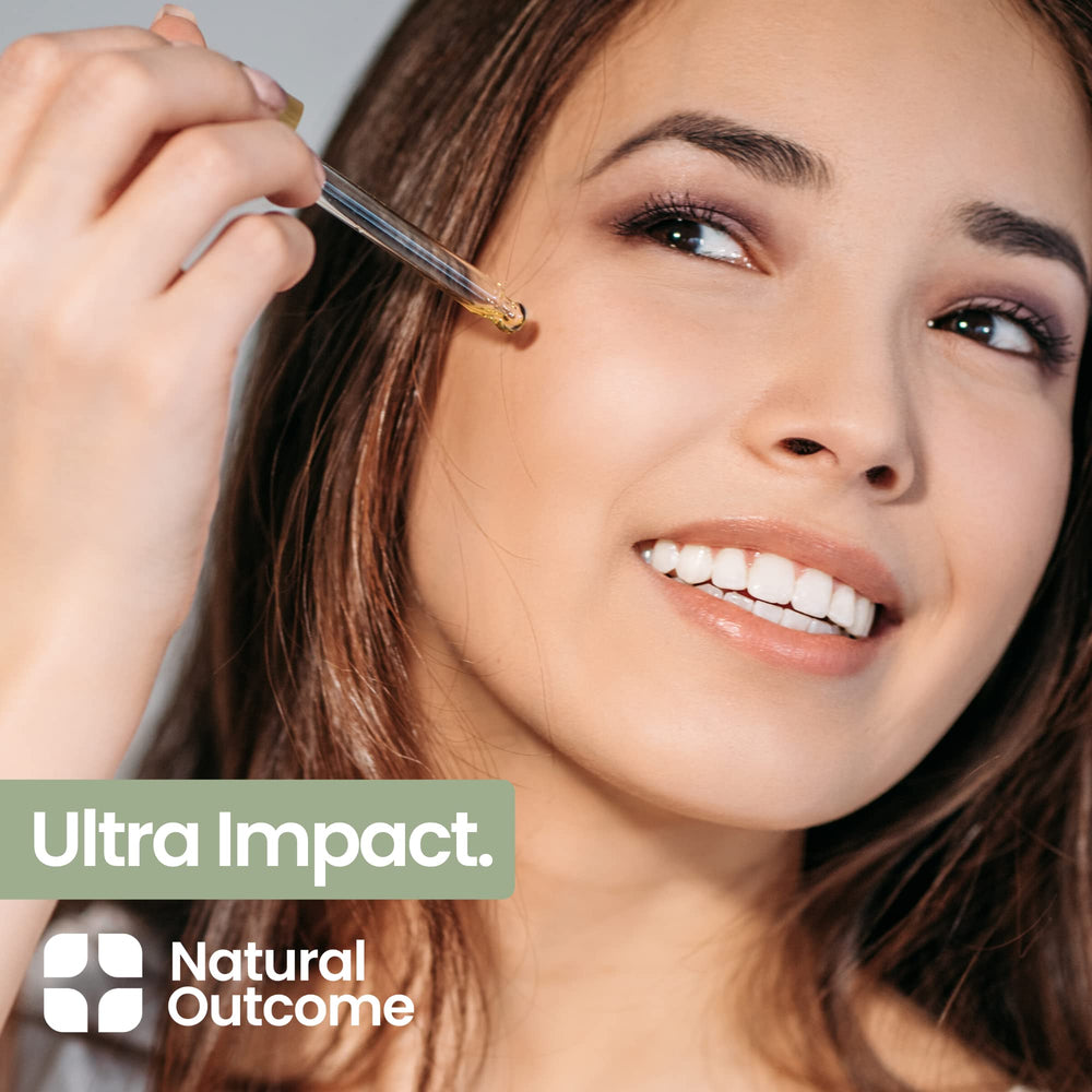 Natural Outcome collagen peptide serum daily-use routine image suggests simple self-care and hydration benefits