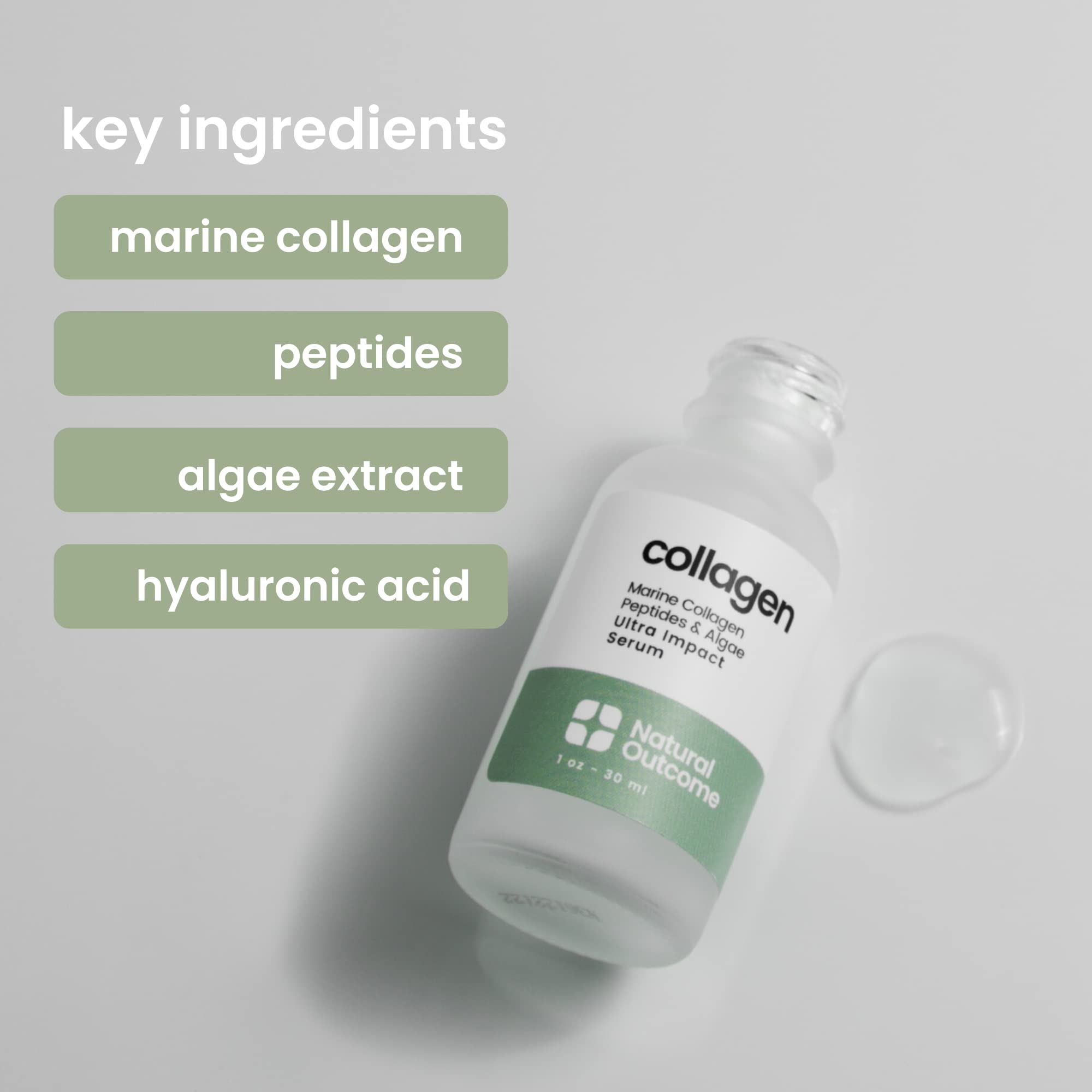 Natural Outcome collagen peptide serum texture closeup reveals smooth, fast-absorbing hydration