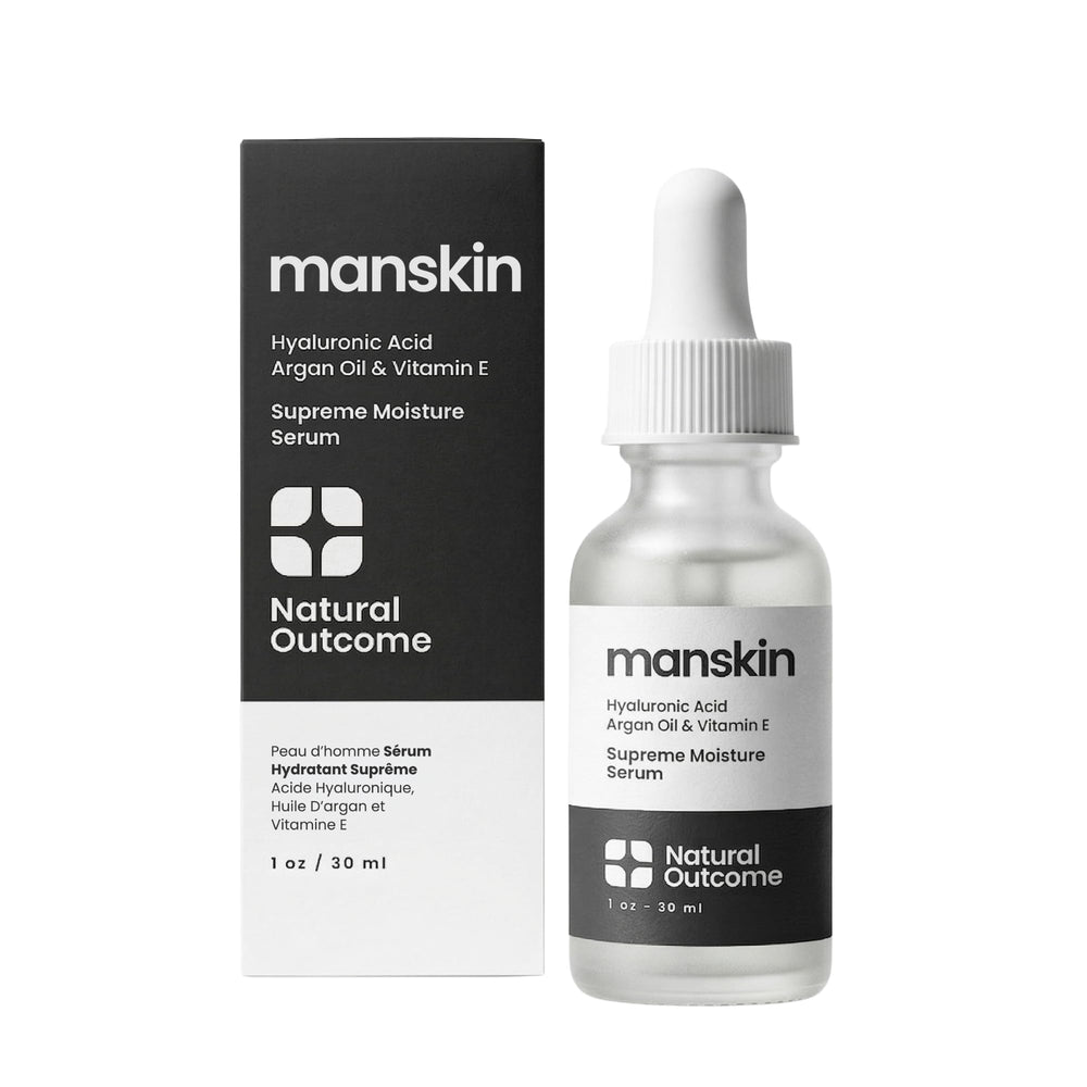 Natural Outcome Man Skin Supreme Serum en bote, hidratación profunda para piel áspera.