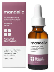 Natural Outcome Mandelic Acid Serum 10% bottle promotes radiant renewal.