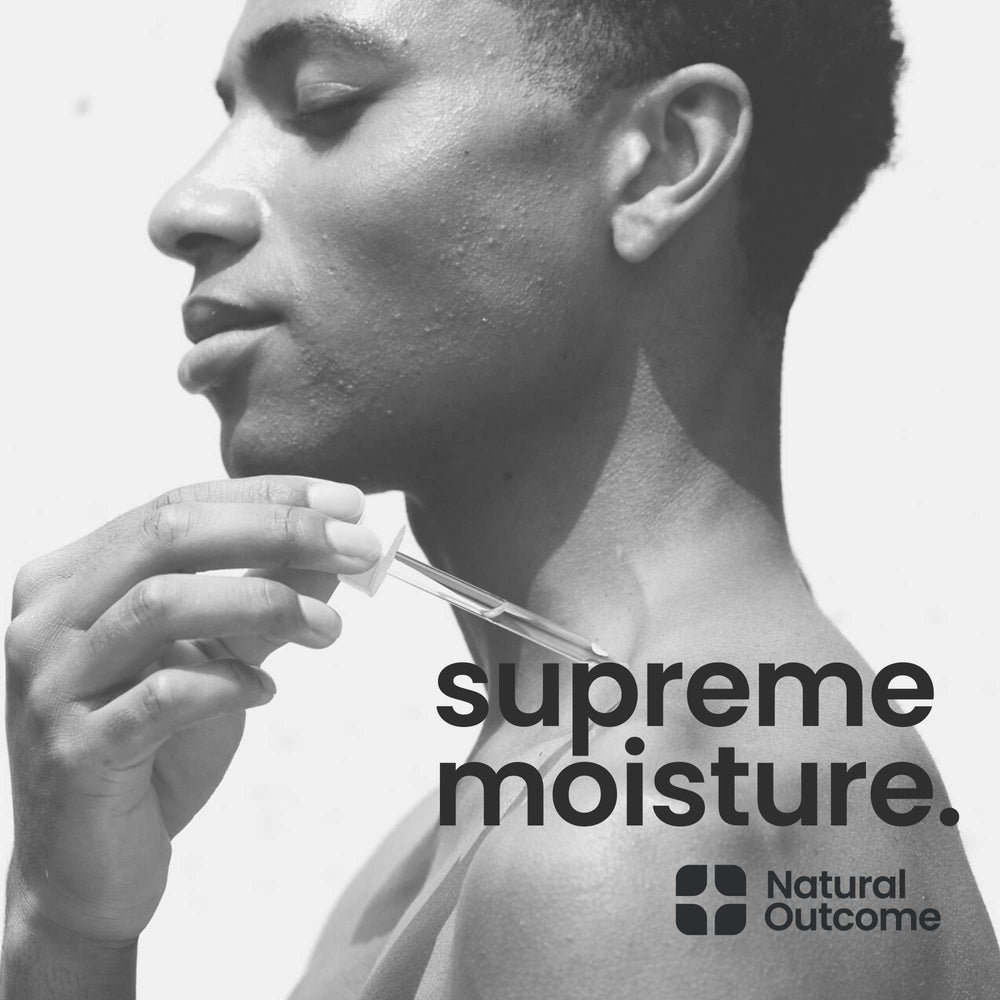 Natural Outcome Man Skin serum hyaluronic acid component on label supports hydration
