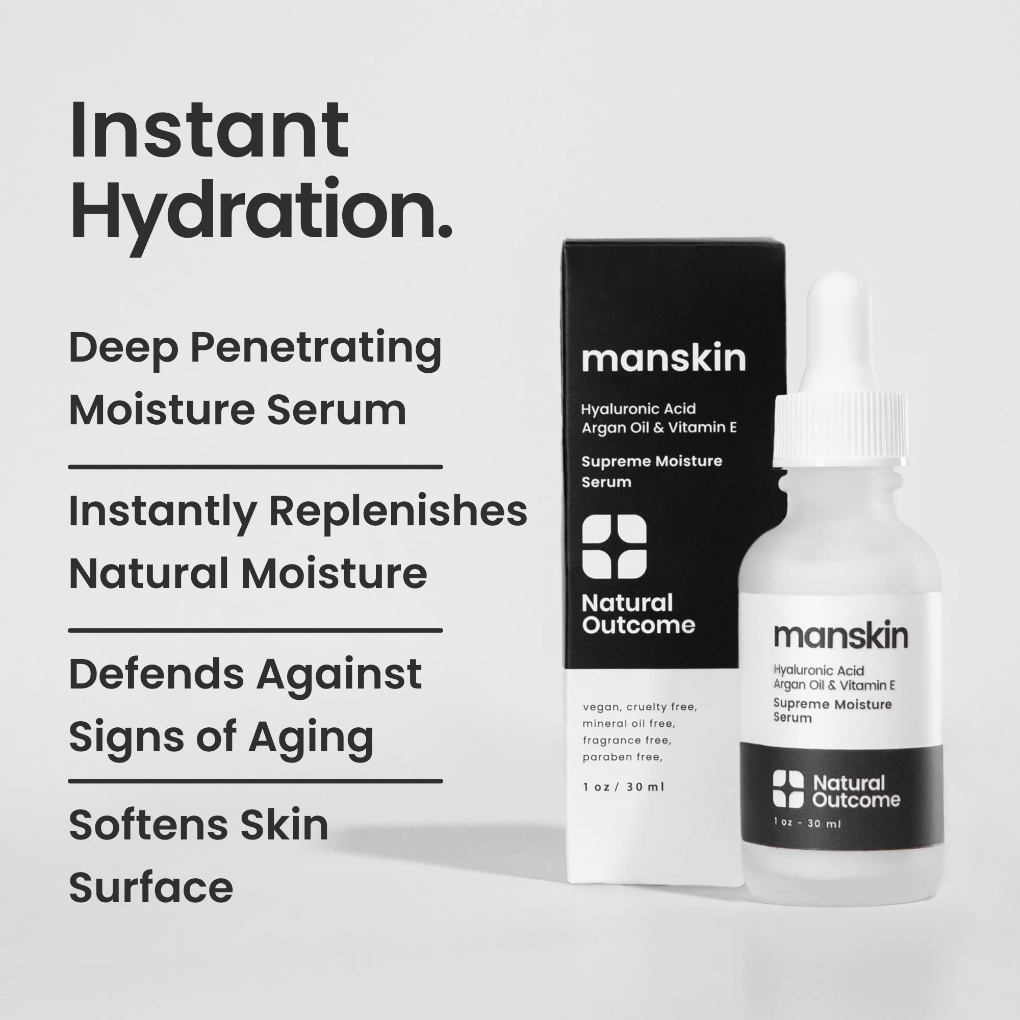 Natural Outcome Man Skin Supreme Moisture Serum packaging highlights clean sulfate-free formula