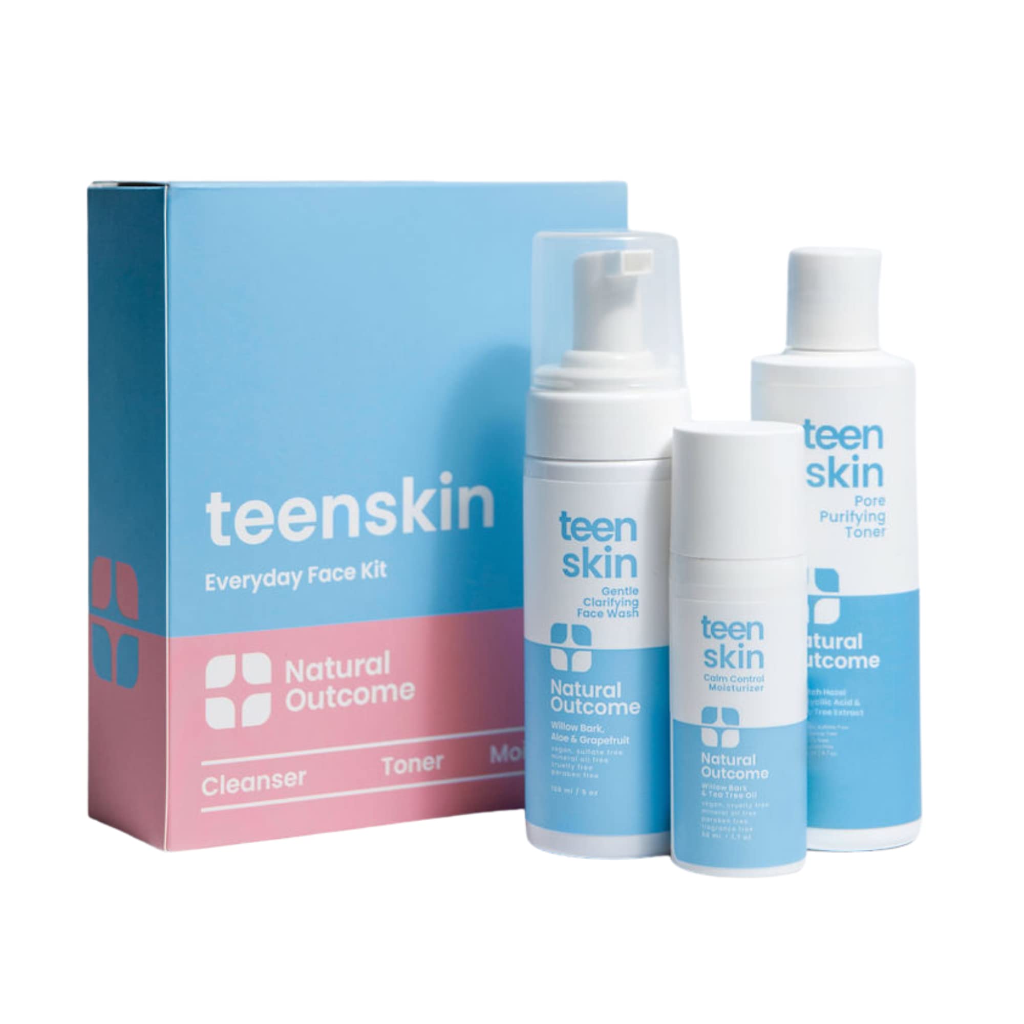 Natural Outcome Teen Skin 3-Step Kit packshot showing all three products for teens