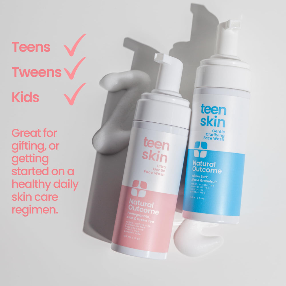Natural Outcome Teen Skin Face Wash packaging shows two 5 oz bottles in a duo.