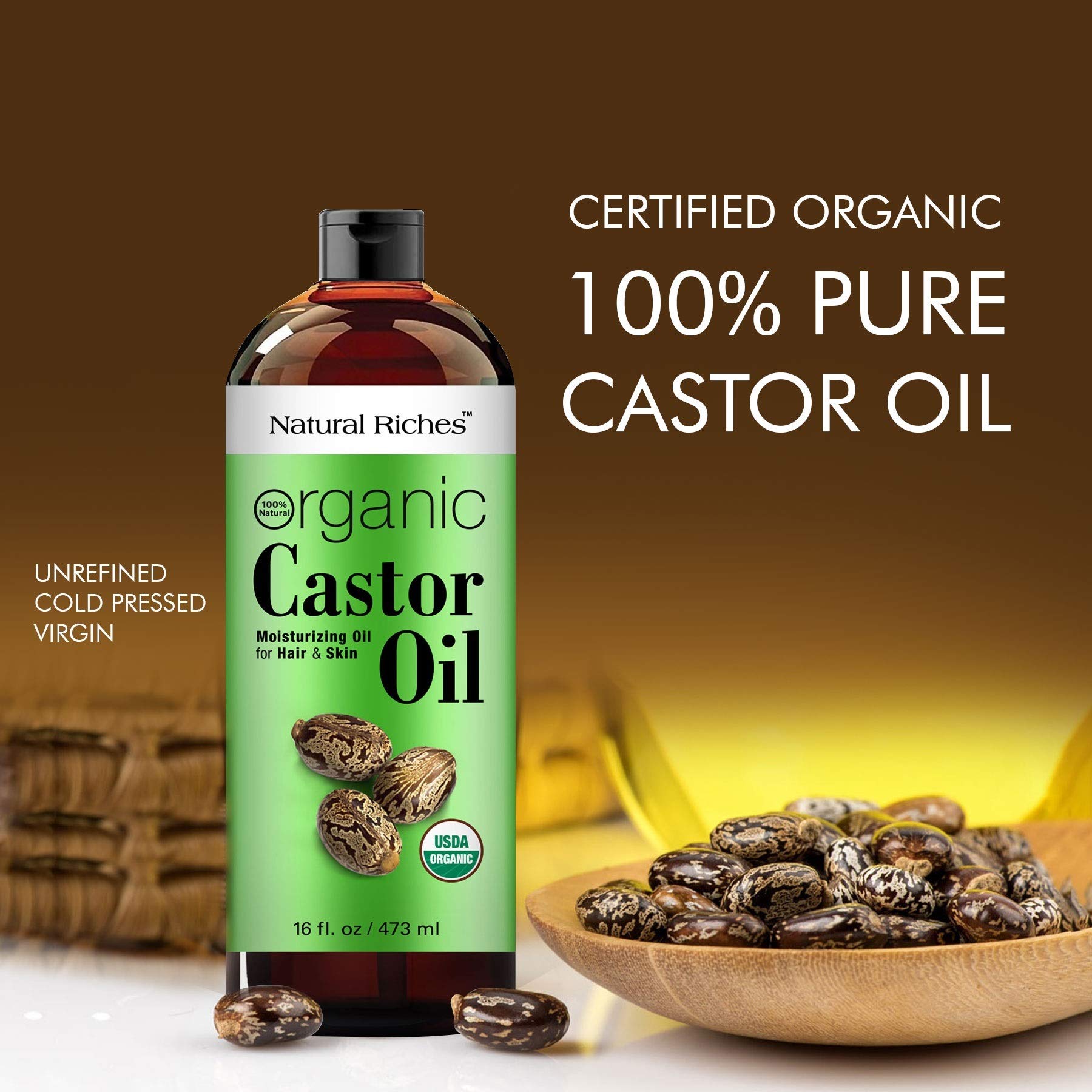 Natural Riches amber bottle close-up emphasizes a hexane-free formula.
