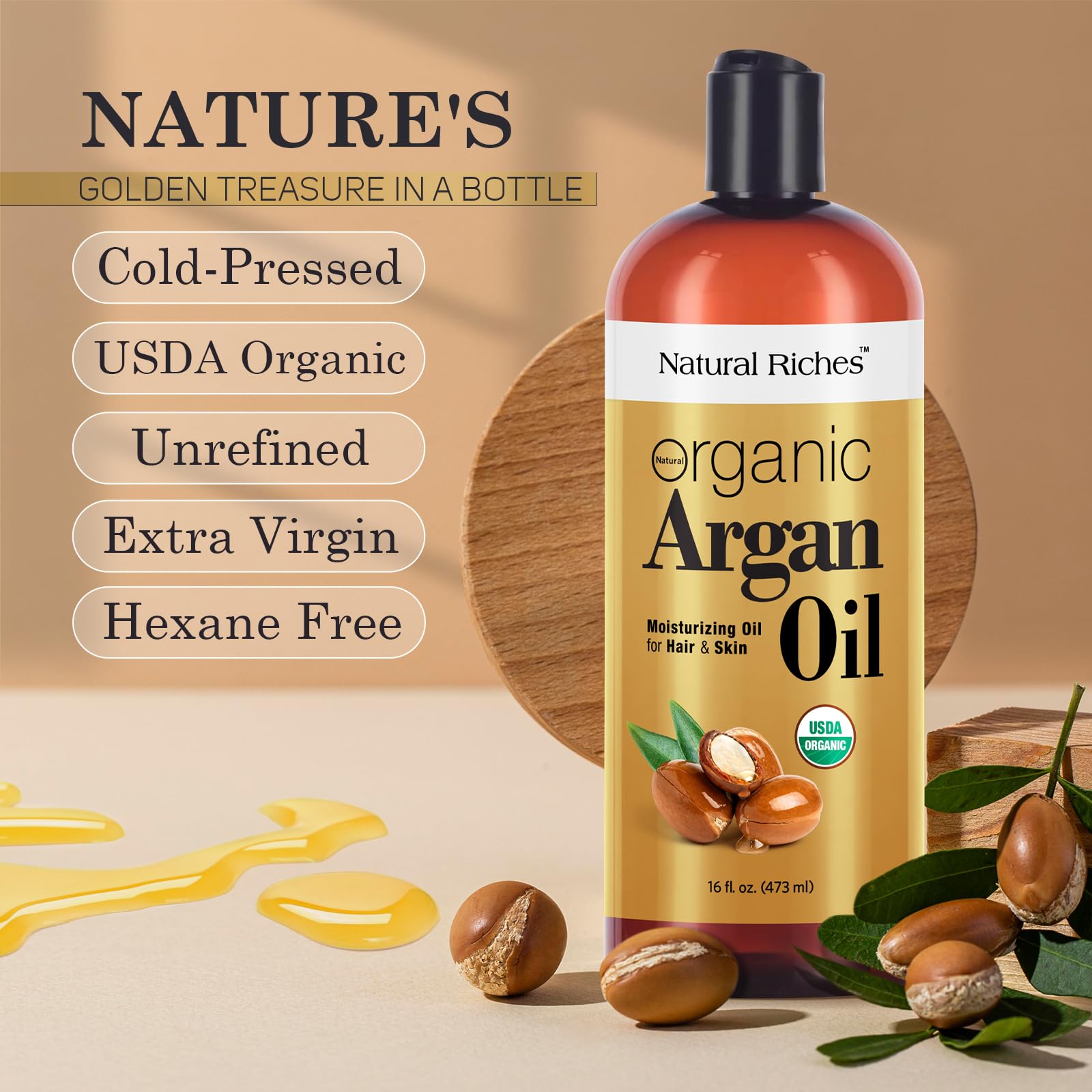 Natural Riches Argan Oil packaged in the USA for quality assurance