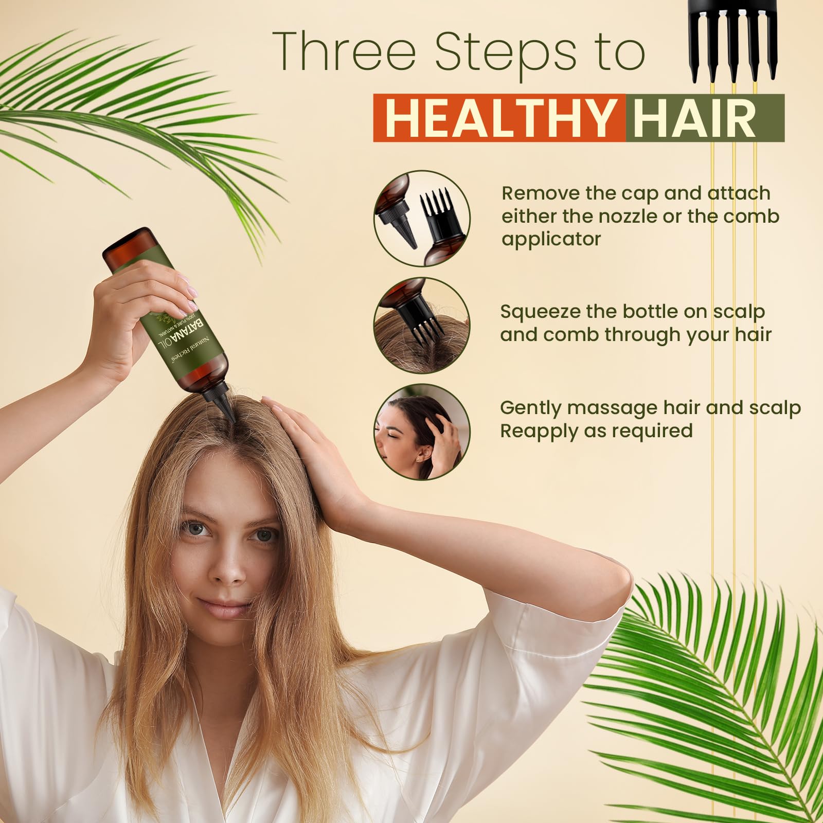 Natural Riches Batana Oil dropper highlights volume-boosting, thicker-looking hair.