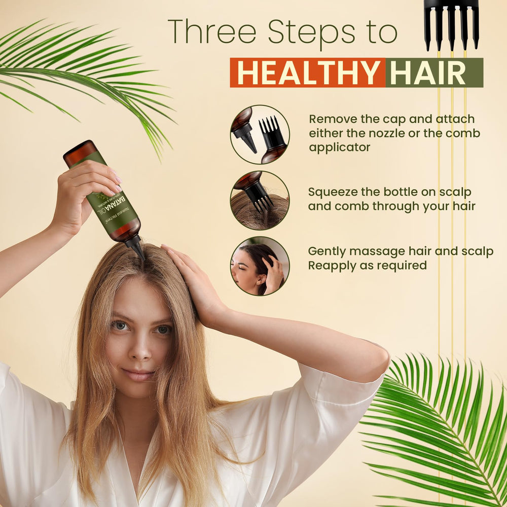 Natural Riches Batana Oil dropper highlights volume-boosting, thicker-looking hair.