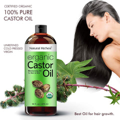 Natural Riches castor oil 16 oz label highlights premium packaging.