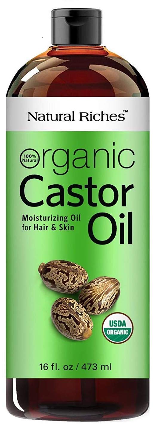 Natural Riches castor oil bottle amber for pure skin nourishment.