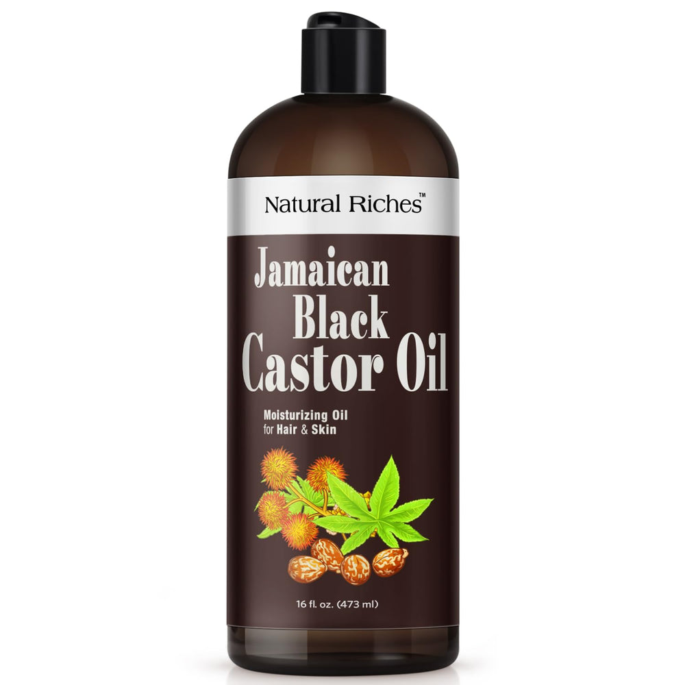 Natural Riches Jamaican Black Castor Oil 16oz bottle ready for scalp nourishment and hair care routines.