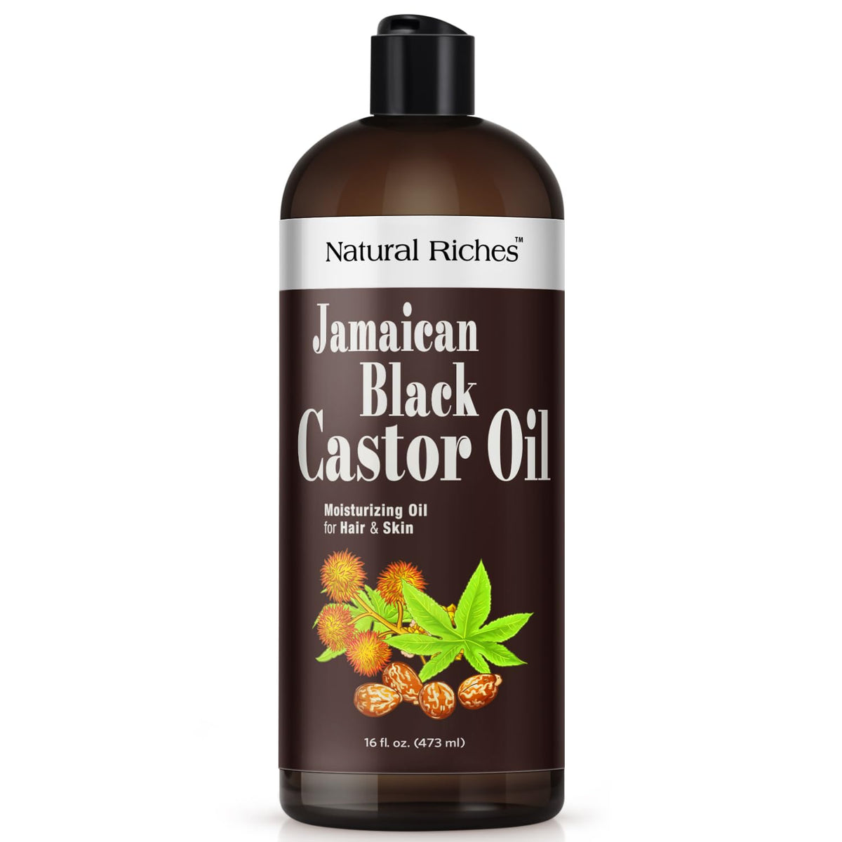 Natural Riches Jamaican Black Castor Oil 16oz bottle ready for scalp nourishment and hair care routines.