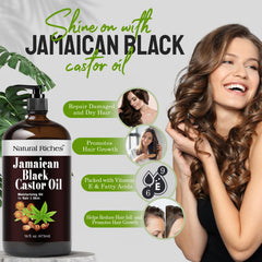 Natural Riches Jamaican Black Castor Oil glass bottle closeup shows premium cold-pressed formula