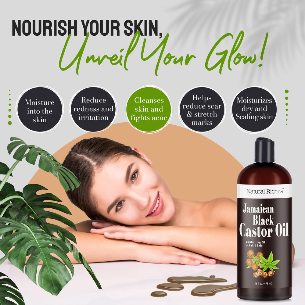 Natural Riches Jamaican Black Castor Oil label communicates organic origin from Jamaica.