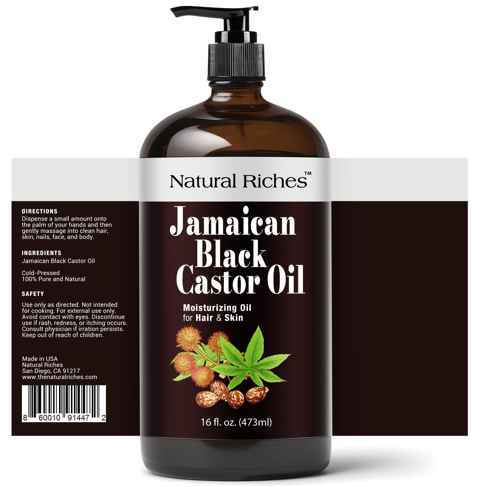 Natural Riches Jamaican Black Castor Oil label highlights organic, authentic Jamaican oil