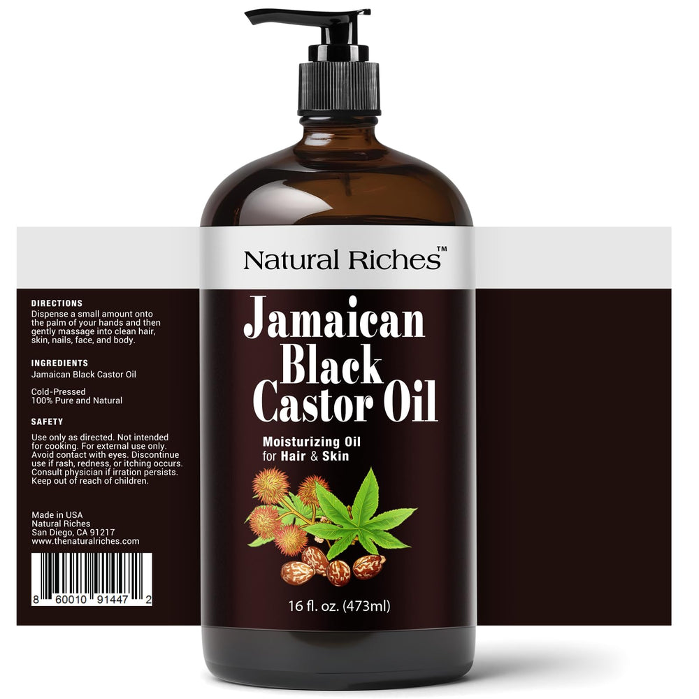 Natural Riches Jamaican Black Castor Oil label highlights organic, authentic Jamaican oil