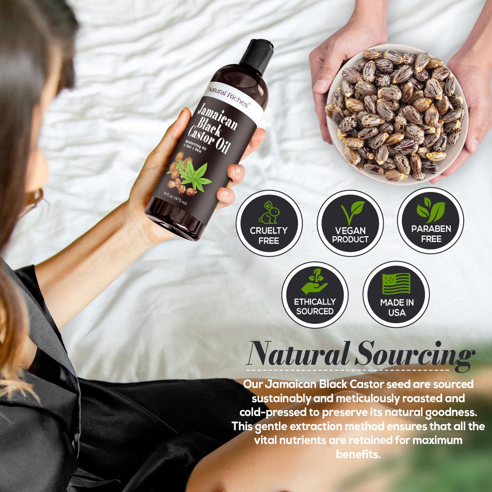Natural Riches Jamaican Black Castor Oil pour demonstrates smooth texture for easy application.
