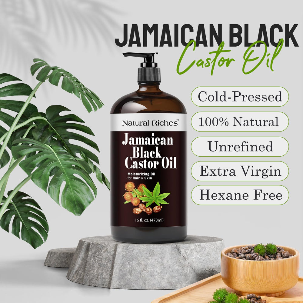 Natural Riches Jamaican Black Castor Oil pour demonstrates easy dispensing for daily care