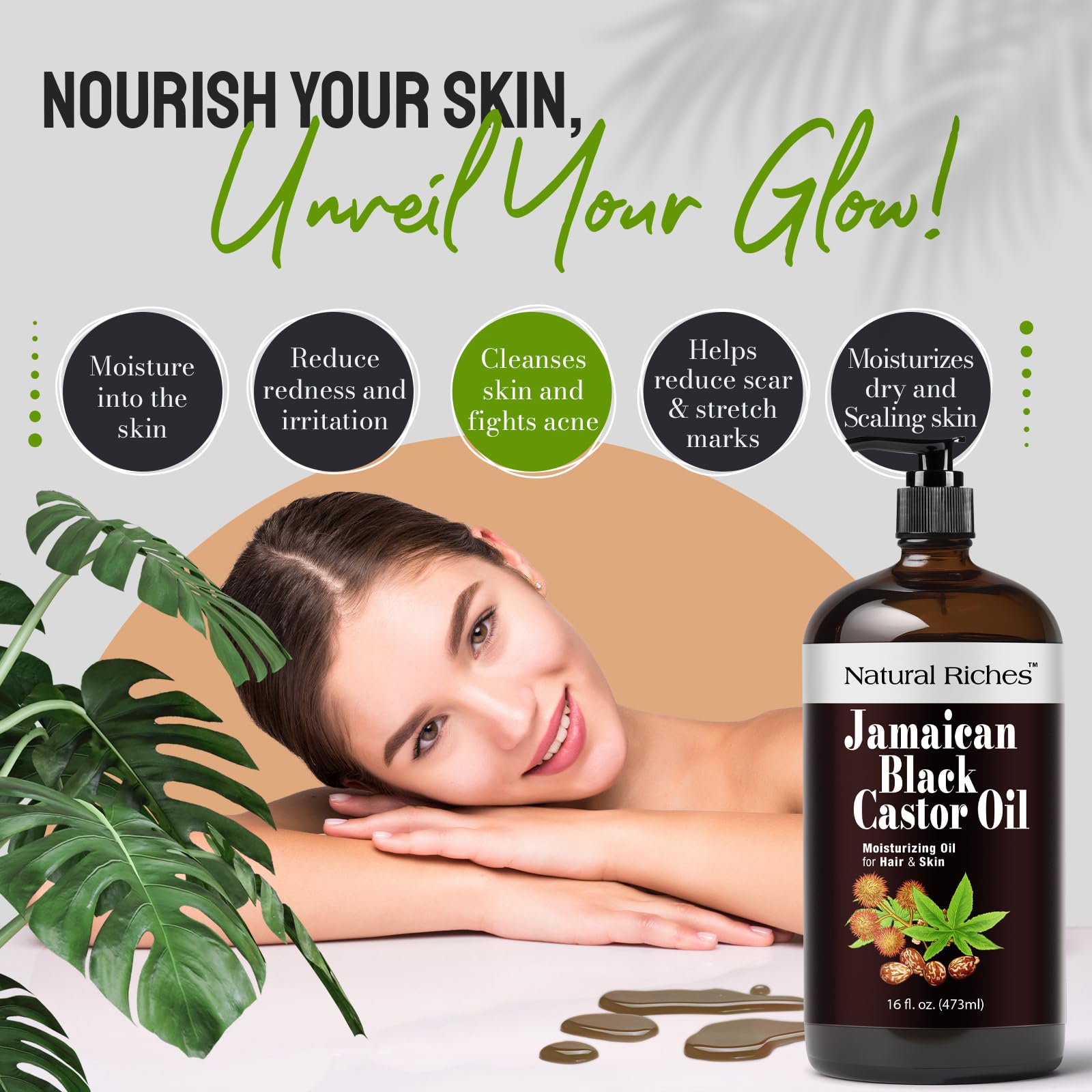 Natural Riches Jamaican Black Castor Oil skincare application shows hydrating effect