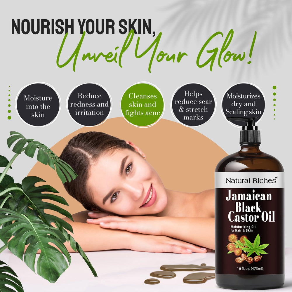 Natural Riches Jamaican Black Castor Oil skincare application shows hydrating effect