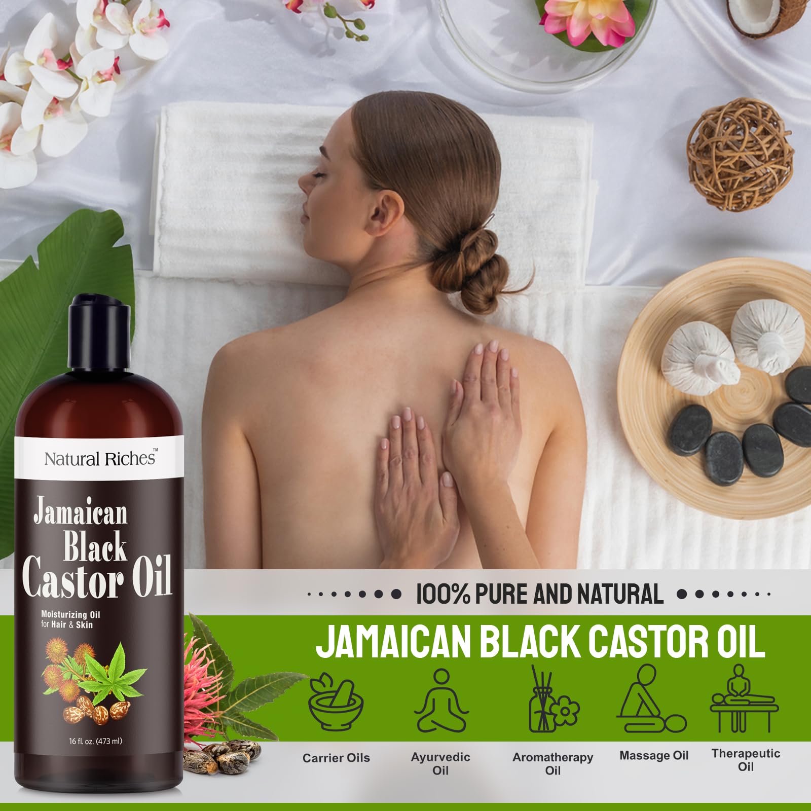 Natural Riches Jamaican Black Castor Oil swirl on hand demonstrates skin hydration use.