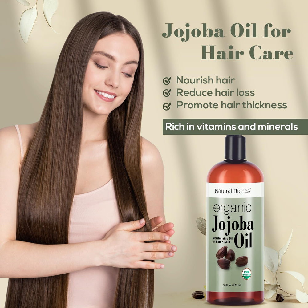 Natural Riches Jojoba Oil bottle used for facial application and smoothing