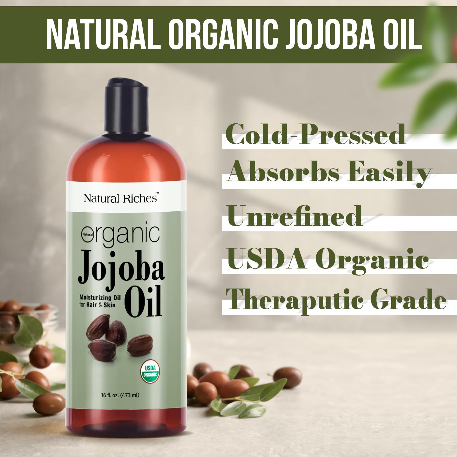 Natural Riches Jojoba Oil used for hair treatment and shine