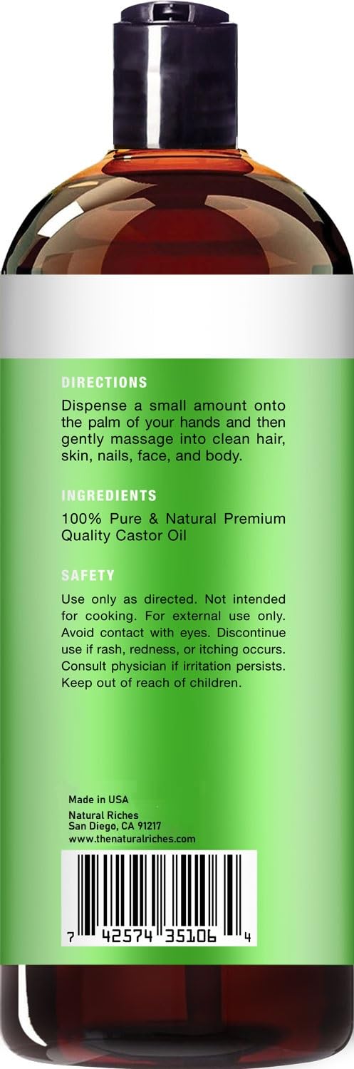 Natural Riches organic castor oil delivers vitamins E and essential fatty acids.