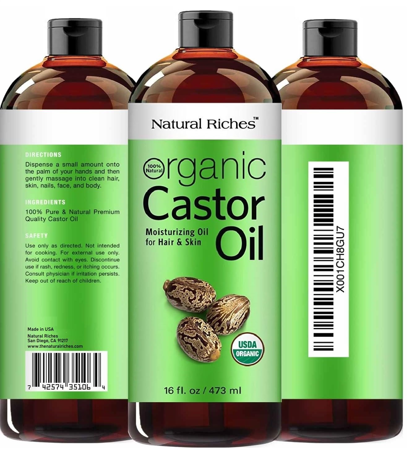 Natural Riches Organic cold-pressed castor oil supports healthy-looking hair growth.