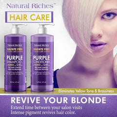 Natural Riches purple conditioner bottle emphasizing hydration and frizz control.