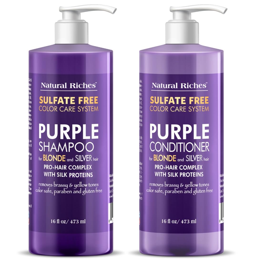 Natural Riches purple shampoo bottle highlighting color-safe formula for blonde tones.
