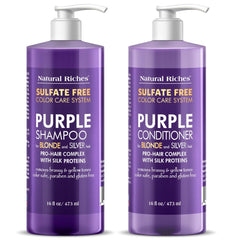 Natural Riches purple shampoo bottle highlighting color-safe formula for blonde tones.