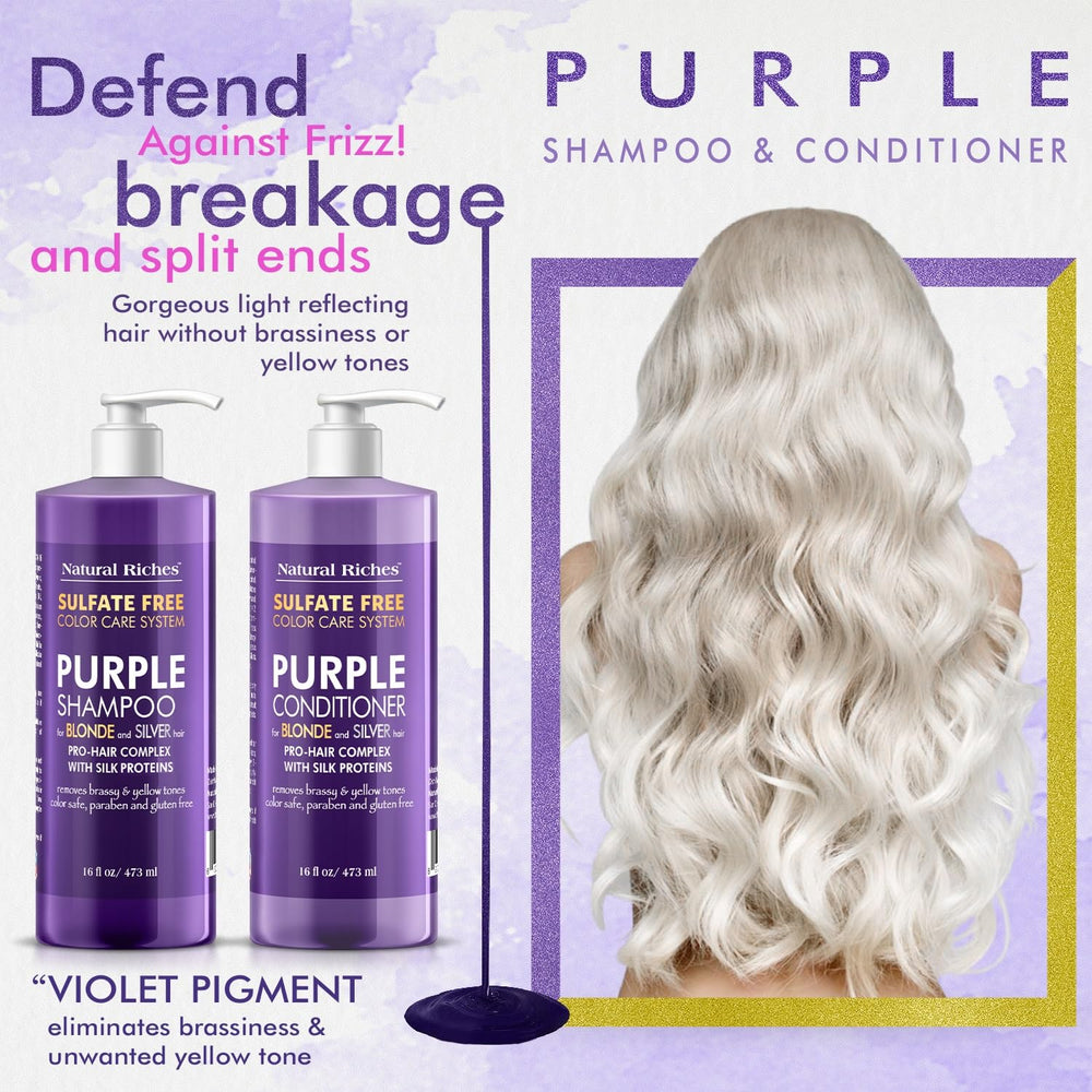 Natural Riches purple shampoo-conditioner set on display for color-safe care.