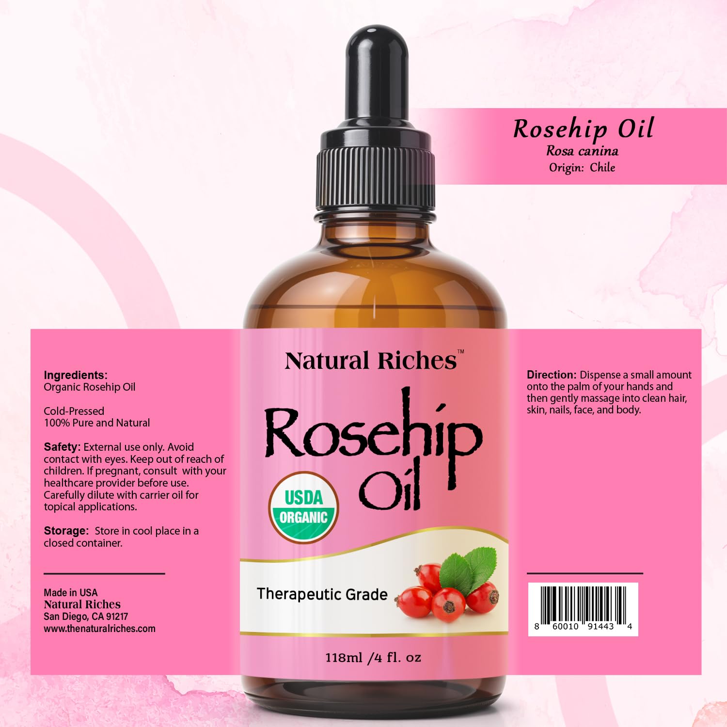 Natural Riches Rosehip Seed Oil dropper for precise skin and hair use