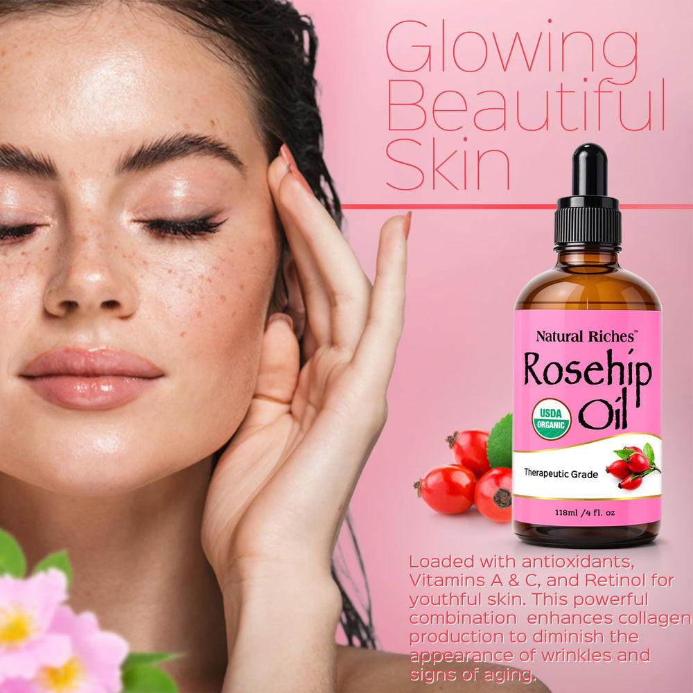 Natural Riches Rosehip Seed Oil applied to the face for moisture