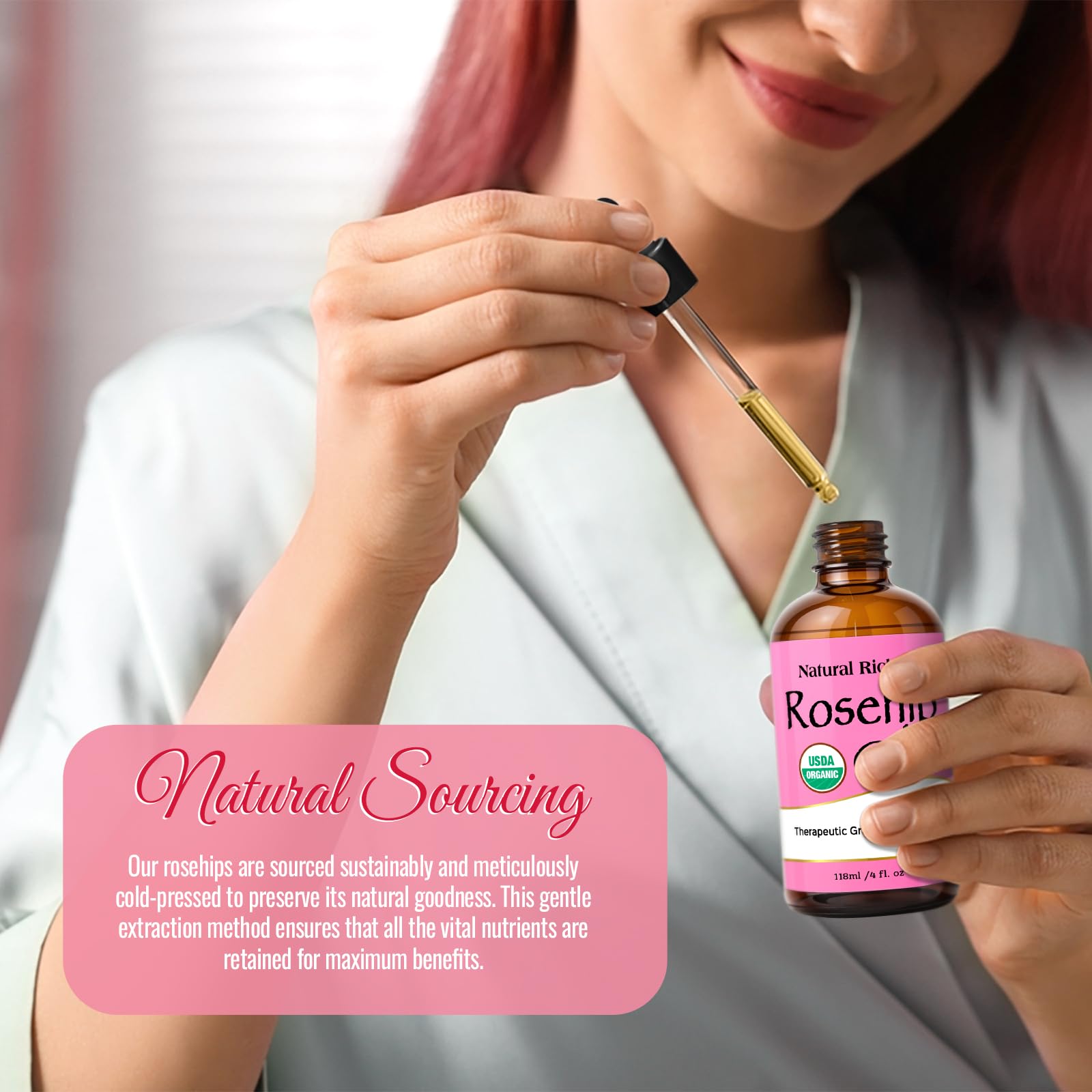 Natural Riches Rosehip Seed Oil on hair ends for nourishment and shine