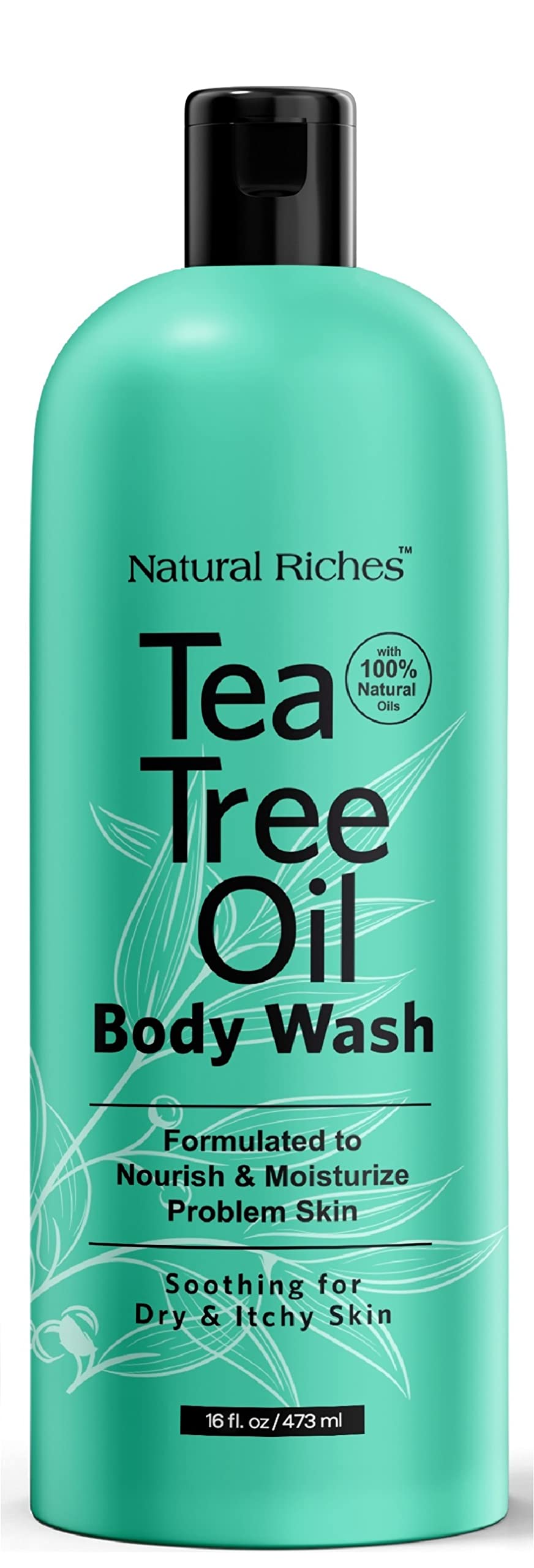 Natural Riches Tea Tree Body Wash bottle front highlights all-skin gentle cleansing.