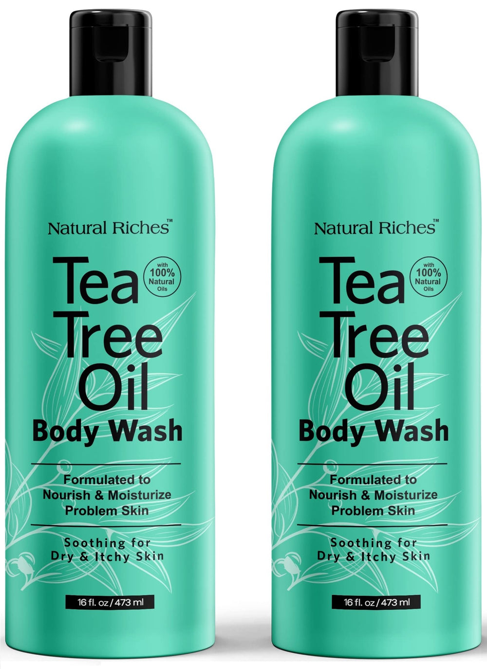 Natural Riches Tea Tree Body Wash bottle front shows soothing, hydrating cleanse.