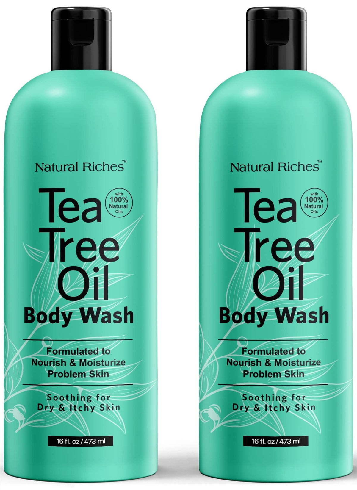 Natural Riches Tea Tree Body Wash bottle front shows soothing, hydrating cleanse.